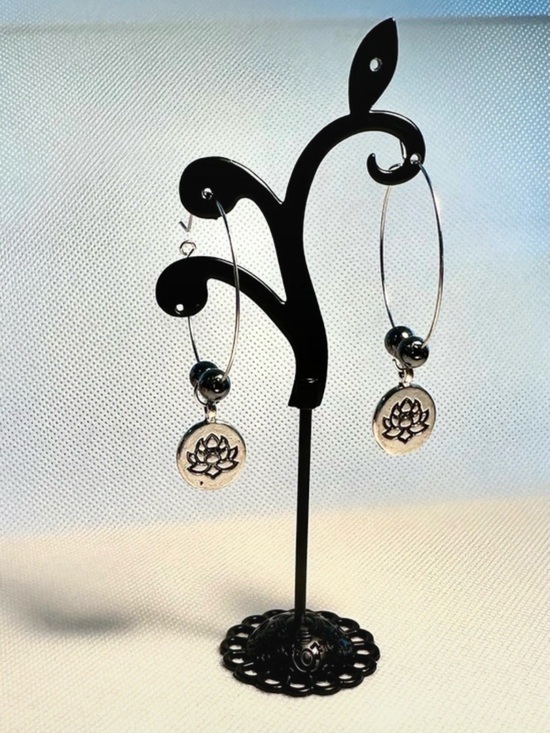 Jewelry - Zen Silver Lotus Charm Hoop Earrings - Unbranded